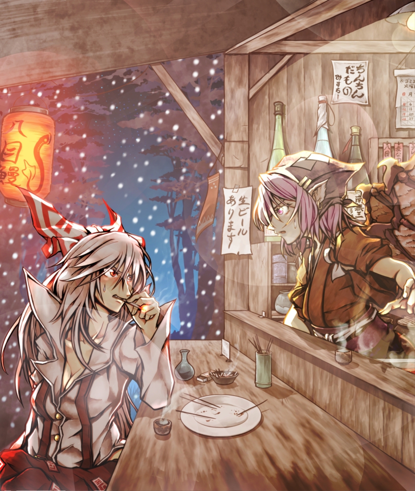 2girls, adapted_costume, alternate_costume, animal_ears, arm_up, bottle, bow, breasts