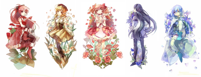 10s, 5girls, adgjl, akemi_homura, akemi_homura_(magical_girl), argyle_clothes, argyle_legwear, bad_id, bad_pixiv_id, beret, black_hair, blue_hair, boots, bow, detached_sleeves, drill_hair, flower, food, from_behind, gloves, hair_bow, hair_ornament, hair_ribbon, hairband, hat, highres, kaname_madoka, kaname_madoka_(magical_girl), leaf, long_hair, long_image, mahou_shoujo_madoka_magica, mahou_shoujo_madoka_magica_(anime), miki_sayaka, miki_sayaka_(magical_girl), mouth_hold, multiple_girls, pantyhose, petals, pink_hair, pocky, ponytail, purple_eyes, red_eyes, red_hair, ribbon, sakura_kyoko, sakura_kyoko_(magical_girl), short_hair, short_twintails, skirt, striped_clothes, striped_legwear, striped_thighhighs, thighhighs, tomoe_mami, tomoe_mami_(magical_girl), twin_drills, twintails, vertical-striped_clothes, vertical-striped_legwear, vertical-striped_thighhighs, white_gloves, white_legwear, wide_image, yellow_eyes