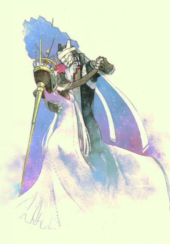 atlus, dancing, dress, fire, full_body, green_background, himiko_(persona_4), holding_hands