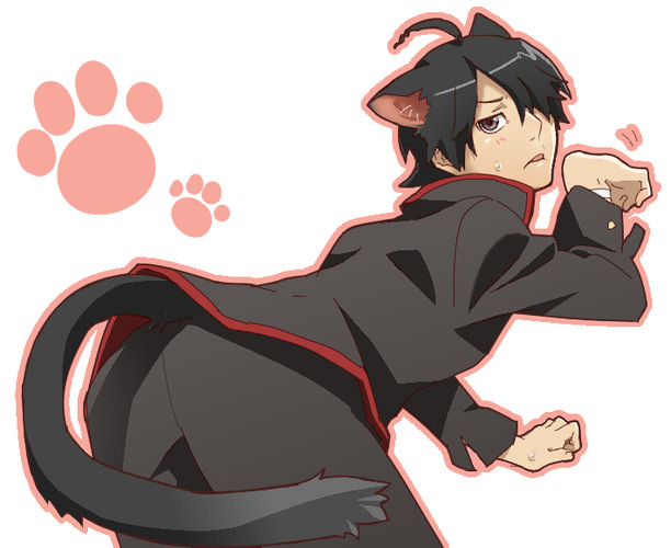1boy, ahoge, animal_ears, araragi_koyomi, bakemonogatari, black_hair, blush, cat_boy, cat_ears, cat_tail, grey_eyes, hair_over_one_eye, honnomusi323, kemonomimi_mode, male_focus, monogatari_(series), paw_print, school_uniform, short_hair, solo, sweatdrop, tail