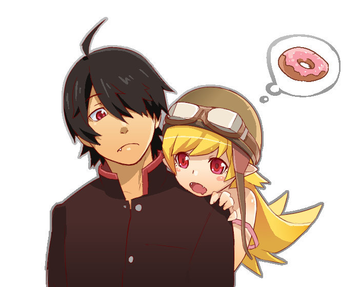 1boy, 1girl, ahoge, araragi_koyomi, bakemonogatari, black_hair, blonde_hair, blush_stickers, donut, drooling, fang, fangs, food, goggles, goggles_on_head, hair_over_one_eye, helmet, honnomusi323, long_hair, monogatari_(series), open_mouth, oshino_shinobu, red_eyes, school_uniform, speech_bubble, thought_bubble