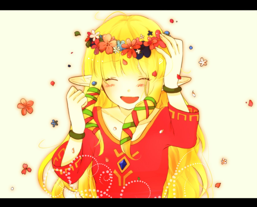 1girl, blonde_hair, bracelet, female_focus, flower, head_wreath, jewelry, karury