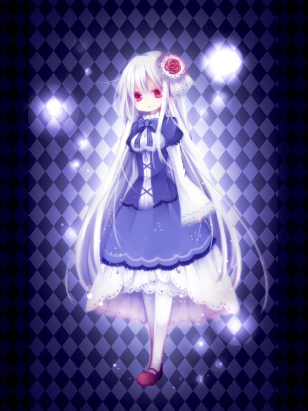 1girl, albino, argyle_background, argyle_clothes, blue_background, blue_dress, blue_theme, bow