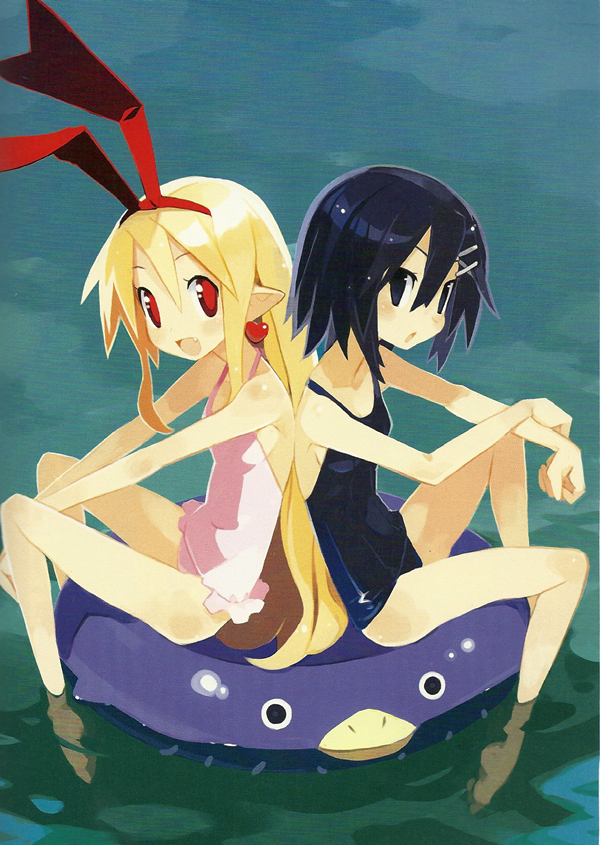 2girls, asagiri_asagi, back-to-back, bare_shoulders, barefoot, black_eyes, black_hair, blonde_hair, casual_one-piece_swimsuit, disgaea, earrings, fang, flonne, flonne_(fallen_angel), hair_ornament, hairclip, harada_takehito, innertube, jewelry, long_hair, multiple_girls, nippon_ichi, official_art, one-piece_swimsuit, partially_submerged, pointy_ears, scan, short_hair, smile, soaking_feet, swim_ring, swimsuit, water, water_float
