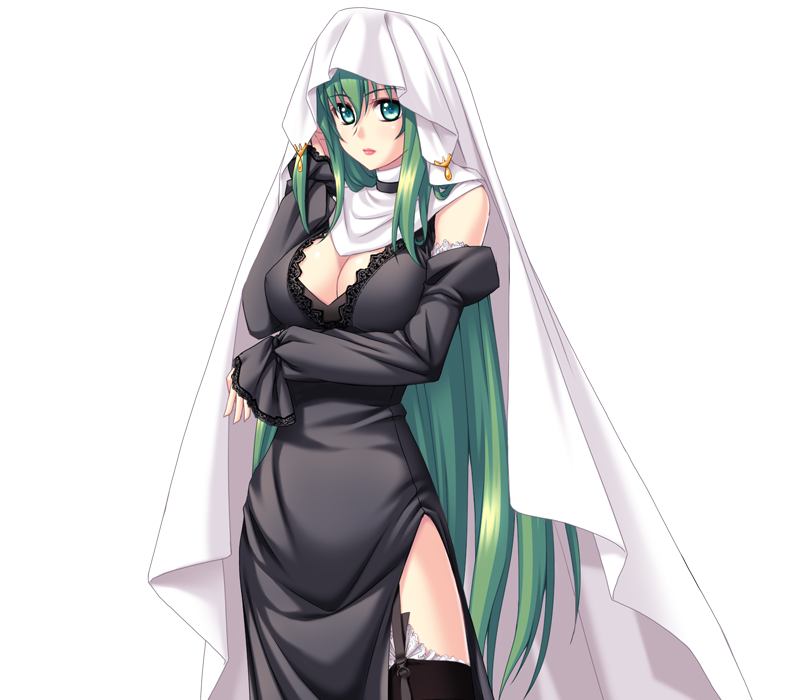 1girl, breasts, cleavage, detached_sleeves, elleinduse_ol_tightrantell, female_focus, garter_straps, green_hair, hip_focus, kannatsuki_noboru, large_breasts, long_hair, non-web_source, shawl, shinkyoku_soukai_polyphonica, side_slit, solo, transparent_background, very_long_hair, wide_hips