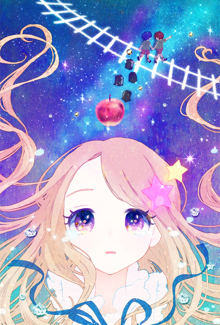 10s, 1girl, apple, bird, blue_hair, brothers, brown_hair, child