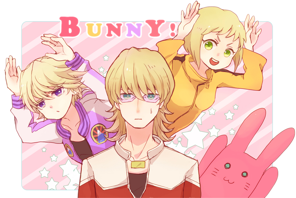 10s, 1girl, 2boys, barnaby_brooks_jr., blonde_hair, blue_eyes, bruce_lee's_jumpsuit, glasses, green_eyes, huang_pao-lin, ivan_karelin, jacket, jewelry, letterman_jacket, multiple_boys, necklace, purple_eyes, purple_jacket, red_jacket, short_hair, stuffed_animal, stuffed_rabbit, stuffed_toy, sweatdrop, tiger_&amp;_bunny, tonytony