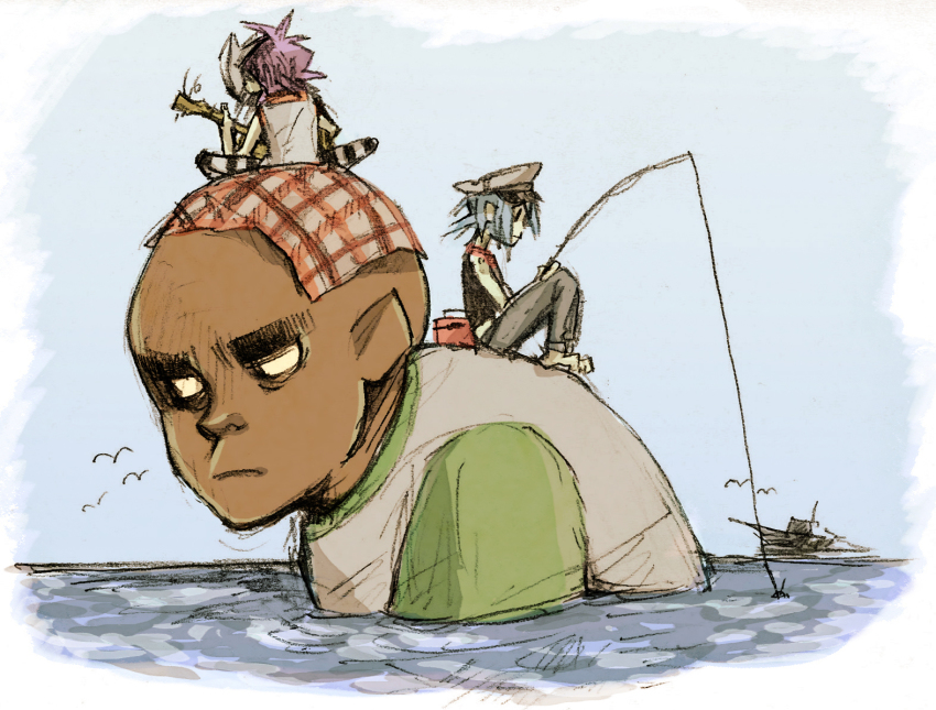 1girl, 2boys, 2d_(gorillaz), blue_hair, fishing, gorillaz, hat, multiple_boys