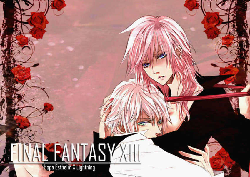 10s, 1boy, 1girl, blue_eyes, character_name, copyright_name, couple, final_fantasy, final_fantasy_xiii, final_fantasy_xiii-2, flower, green_eyes, hetero, hope_estheim, lightning_farron, long_hair, looking_at_viewer, mf_(mizukif), pink_hair, red_rose, rose, white_hair