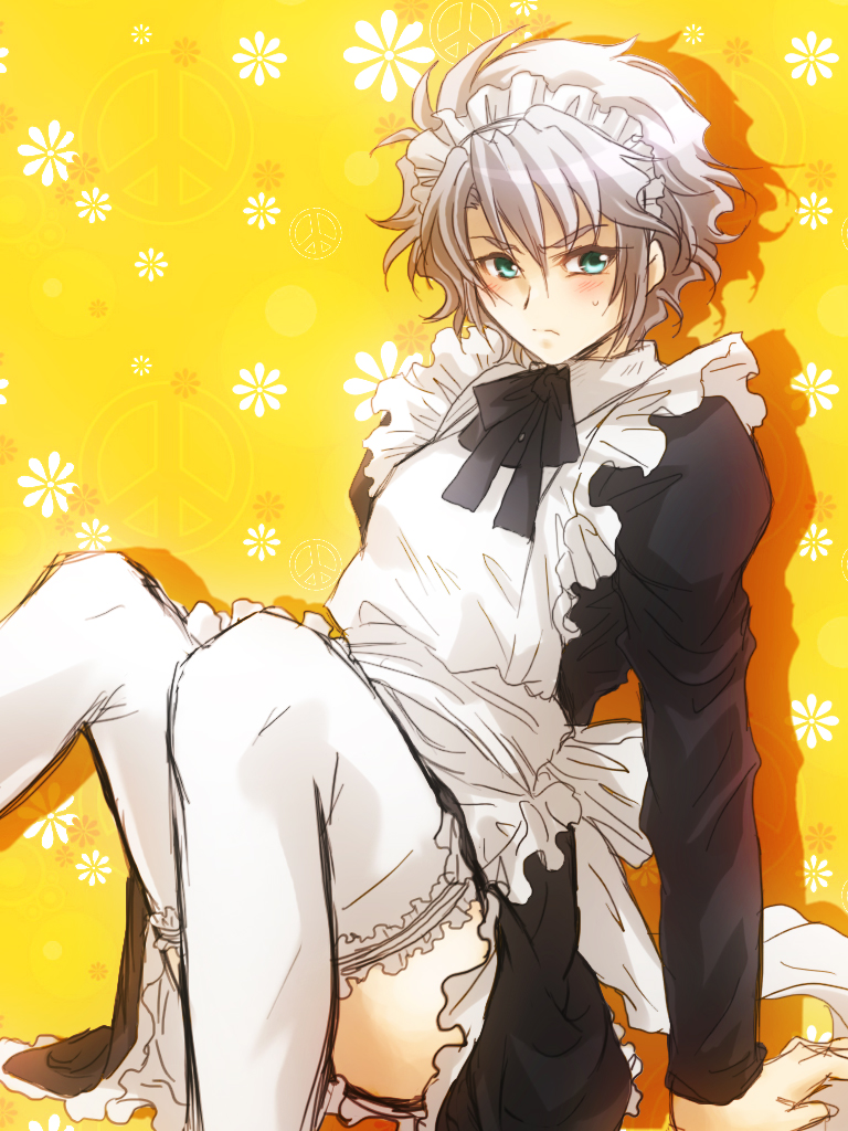 1boy, apron, aqua_eyes, banpresto, blush, cobray_gordon, crossdressing, crossdressing_(mtf), dress, flower, garter_belt, maid, maid_apron, maid_headdress, male_focus, male_maid, peace_symbol, ribbon, shiina_satsuki_(pixiv2890507), short_hair, silver_hair, super_robot_wars, thighhighs, trap, upskirt