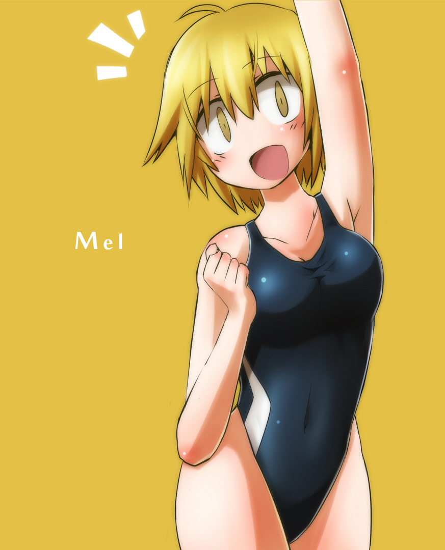 1girl, bad_id, bad_pixiv_id, blonde_hair, competition_swimsuit, female_focus, konohana_saku, mel_(kibana_tsuitachi), one-piece_swimsuit, open_mouth, original, short_hair, simple_background, slit_pupils, solo, swimsuit, yellow_eyes