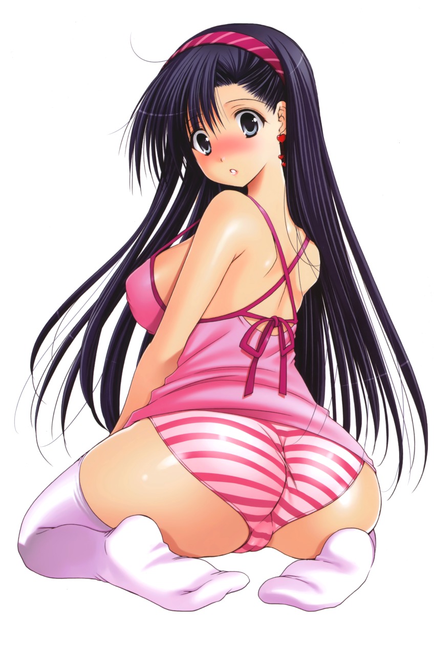 1girl, absurdres, ass, asymmetrical_bangs, azuma_yuki, bare_shoulders, black_hair, blue_eyes