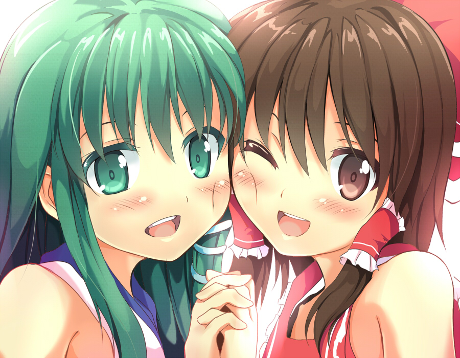 2girls, blush, bow, brown_eyes, brown_hair, cheek-to-cheek, colored_eyelashes, female_focus