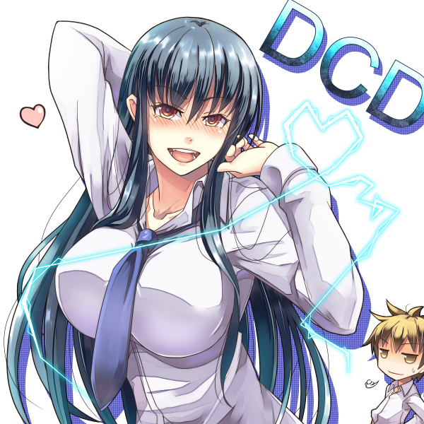 >:), >:d, 1boy, 1girl, :d, arm_behind_head, blonde_hair, blue_hair, blush, breasts, collarbone, diamond_cut_diamond, electricity, heart, huge_breasts, impossible_clothes, impossible_shirt, kurosu_keisuke, large_breasts, long_hair, long_sleeves, looking_at_viewer, necktie, nose_blush, open_mouth, school_uniform, shigyou_yuuyami, shirt, short_hair, smile, upper_body, v-shaped_eyebrows, very_long_hair, ygo_(kintsuba)
