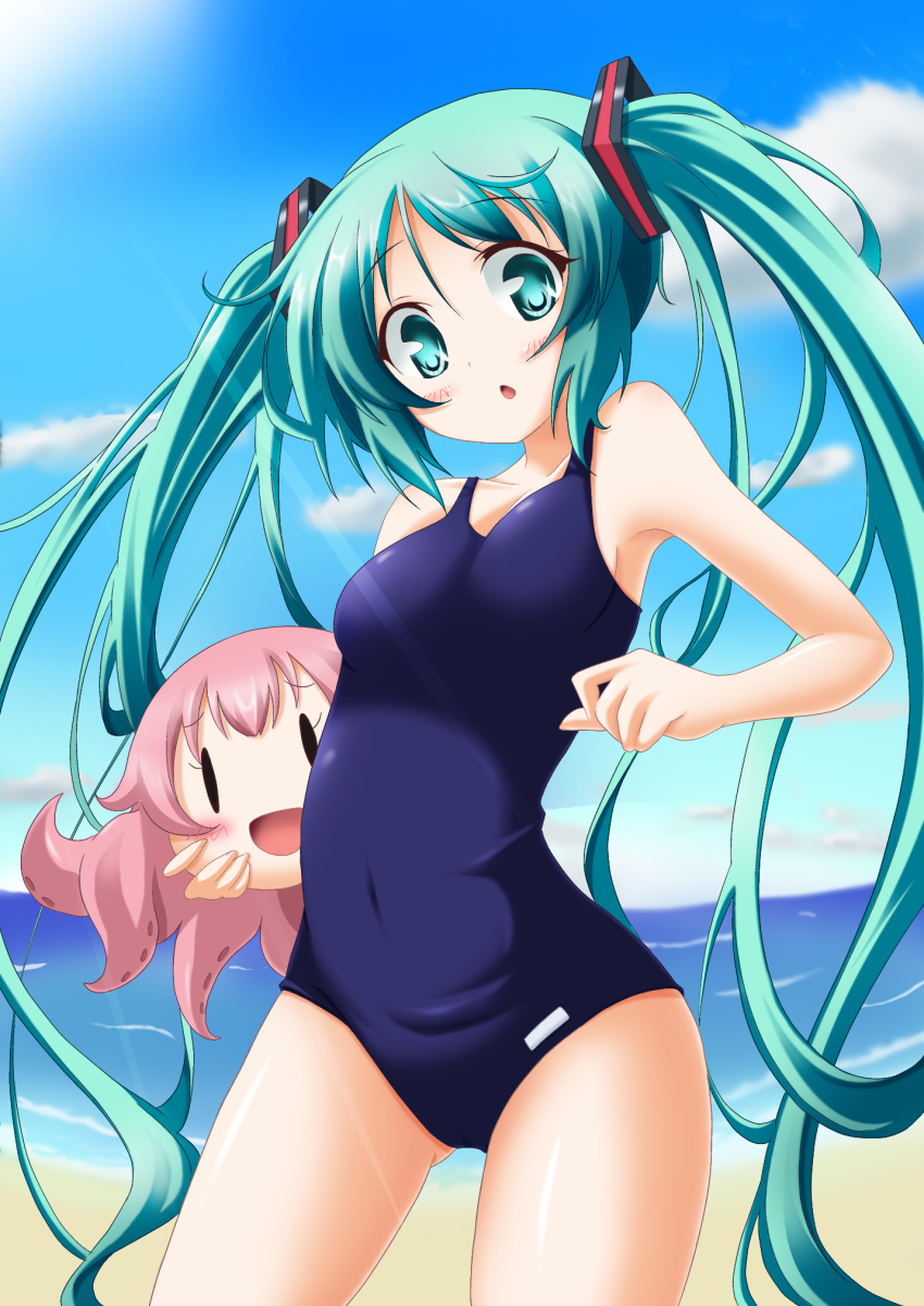 0_0, 1girl, akawata, beach, cloud, colorized, day, dekosuke