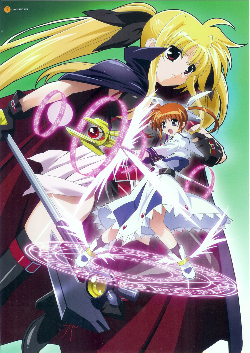 00s, 2girls, bardiche_(device_form)_(nanoha), bardiche_(nanoha), belt, blonde_hair, bow, brown_hair