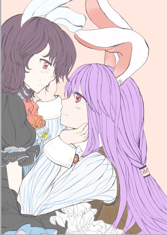 2girls, alternate_costume, animal_ears, blush, rabbit_ears, female_focus, light_smile, multiple_girls, okayra, pout, purple_hair, red_eyes, reisen, reisen_udongein_inaba, short_hair, tears, touhou, yuri