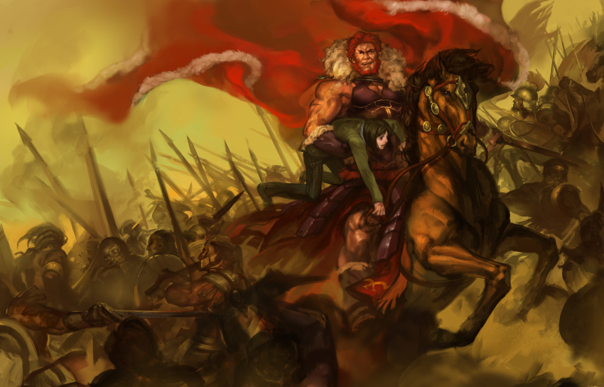 111111111_(leiyao), 2boys, armor, army, beard, black_hair, bob_cut, bucephalus_(fate)