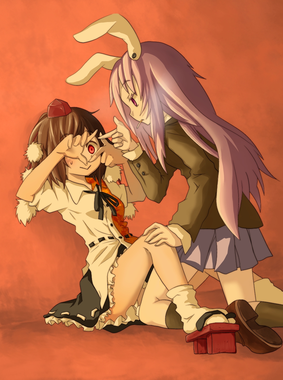 2girls, :>, animal_ears, bad_id, bad_pixiv_id, between_legs, black_hair, black_socks, blazer, blush, brown_hair, cigarette, colored_eyelashes, dress_shirt, eye_contact, female_focus, finger_frame, finger_gun, geta, hand_on_own_knee, hat, highres, jacket, kneehighs, kneeling, leaning_back, long_hair, looking_at_another, multiple_girls, panties, pantyshot, pleated_skirt, pom_pom_(clothes), purple_eyes, purple_hair, rabbit_ears, red_eyes, reisen_udongein_inaba, shameimaru_aya, shirt, shoes, sitting, skirt, smoking, socks, sweatdrop, tokin_hat, touhou, uchikura_(yamaxa_issin), underwear, white_legwear, wide-eyed