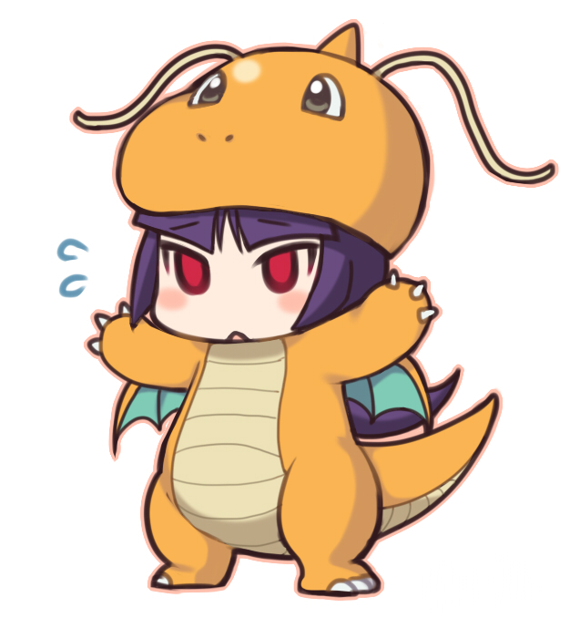 1girl, animal_costume, blunt_bangs, chibi, cosplay, dragon, dragonite, dragonite_(cosplay), female_focus, flying_sweatdrops, gen_1_pokemon, gym_leader, hat, hizuki_akira, long_hair, nintendo, outstretched_arms, pokemon, pokemon_red/green/blue/yellow, purple_hair, red_eyes, sabrina_(pokemon), simple_background, solo, white_background
