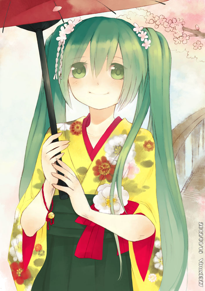 10s, 1girl, 2012, bingdu_3927, bridge, dated, female_focus, floral_print, flower, green_eyes, green_hair, hair_flower, hair_ornament, hatsune_miku, japanese_clothes, long_hair, matching_hair/eyes, oil-paper_umbrella, smile, solo, twintails, umbrella, very_long_hair, vocaloid