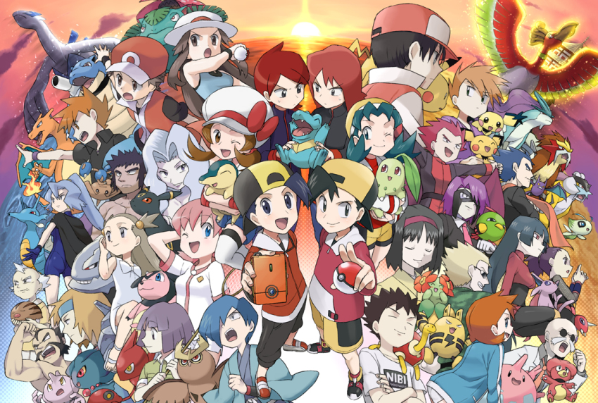 00s, 1990s_(style), 6+girls, alternate_costume, ariados, baseball_cap, bellossom, black_hair, blaine_(pokemon), blastoise, blue_oak, blue_oak_(pokemon_frlg), blue_oak_(pokemon_rgby), brock_(pokemon), brown_hair, bruno_(pokemon), bugsy_(pokemon), celebi, charizard, chikorita, chuck_(pokemon), clair_(pokemon), clothes_writing, corsola, crobat, cyndaquil, dual_persona, elekid, elite_four, entei, erika_(pokemon), espeon, ethan_(pokemon), everyone, falkner_(pokemon), fire, flame-tipped_tail, gen_1_pokemon, gen_2_pokemon, giovanni_(pokemon), gym_leader, hat, hat_ribbon, hitmontop, ho-oh, holding, holding_poke_ball, holding_pokedex, in-franchise_crossover, janine_(pokemon), japanese_clothes, jasmine_(pokemon), karen_(pokemon), kimono, kingdra, koga_(pokemon), koma_yoichi, kris_(pokemon), lance_(pokemon), leaf_(pokemon), legendary_pokemon, lugia, lyra_(pokemon), magby, miltank, misdreavus, misty_(pokemon), morty_(pokemon), multiple_boys, multiple_girls, mythical_pokemon, natu, nintendo, noctowl, old, old_man, panties, pantyshot, pichu, pikachu, poke_ball, poke_ball_(basic), pokedex, pokemon, pokemon_(anime), pokemon_(creature), pokemon_firered_and_leafgreen, pokemon_gold/silver/crystal, pokemon_heartgold_and_soulsilver, pokemon_red/green/blue/yellow, pryce_(pokemon), raikou, red_(pokemon), red_(pokemon_frlg), red_ribbon, retro_artstyle, ribbon, sabrina_(pokemon), scizor, short_hair, shuckle, silver_(pokemon), smile, spiky-eared_pichu, standing, starter_pokemon_trio, steelix, suicune, sunset, lt._surge, swinub, tail, topless_male, totodile, twintails, two_side_up, tyrogue, umbreon, underwear, venusaur, whitney_(pokemon), will_(pokemon)
