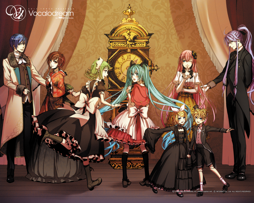 3boys, 5girls, bad_end_night_(vocaloid), blonde_hair, blue_eyes, blue_hair, boots, brother_and_sister, brown_eyes, brown_hair, dress, green_eyes, green_hair, gumi, hatsune_miku, kagamine_len, kagamine_rin, kaito_(vocaloid), kamui_gakupo, long_hair, megurine_luka, meiko_(vocaloid), multiple_boys, multiple_girls, open_mouth, ponytail, purple_hair, short_hair, siblings, smile, suzunosuke_(sagula), twintails, very_long_hair, vocaloid