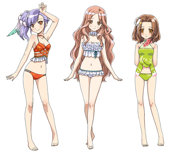 bikini, breasts, brown_eyes, brown_hair, cleavage, harvest_moon, iris_(rune_factory_oceans), large_breasts, lily_(rune_factory_oceans), long_hair, midriff, odette_(rune_factory), pink_hair, purple_hair, rune_factory, rune_factory_oceans, side_ponytail, simple_background, swimsuit