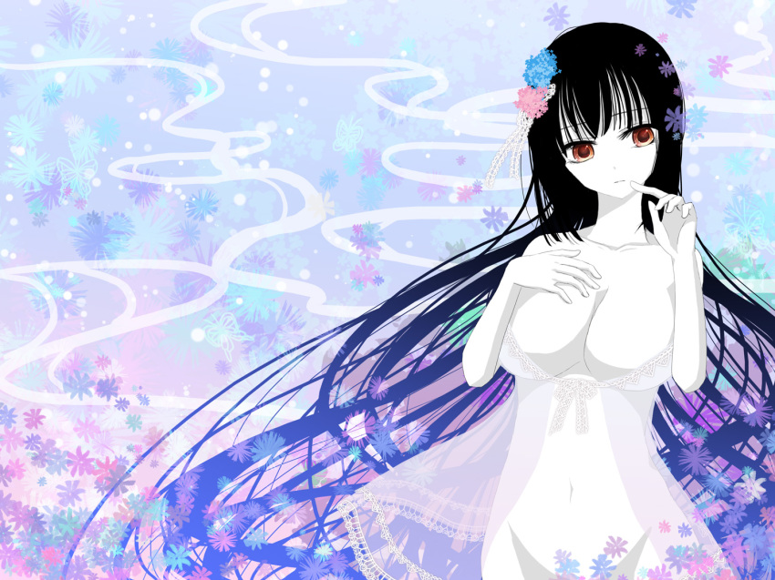 1girl, babydoll, black_hair, breasts, brown_eyes, bug, butterfly, censored