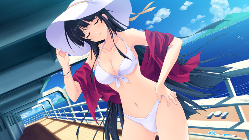 1girl, bikini, black_hair, bracelet, breasts, closed_eyes, day, dutch_angle