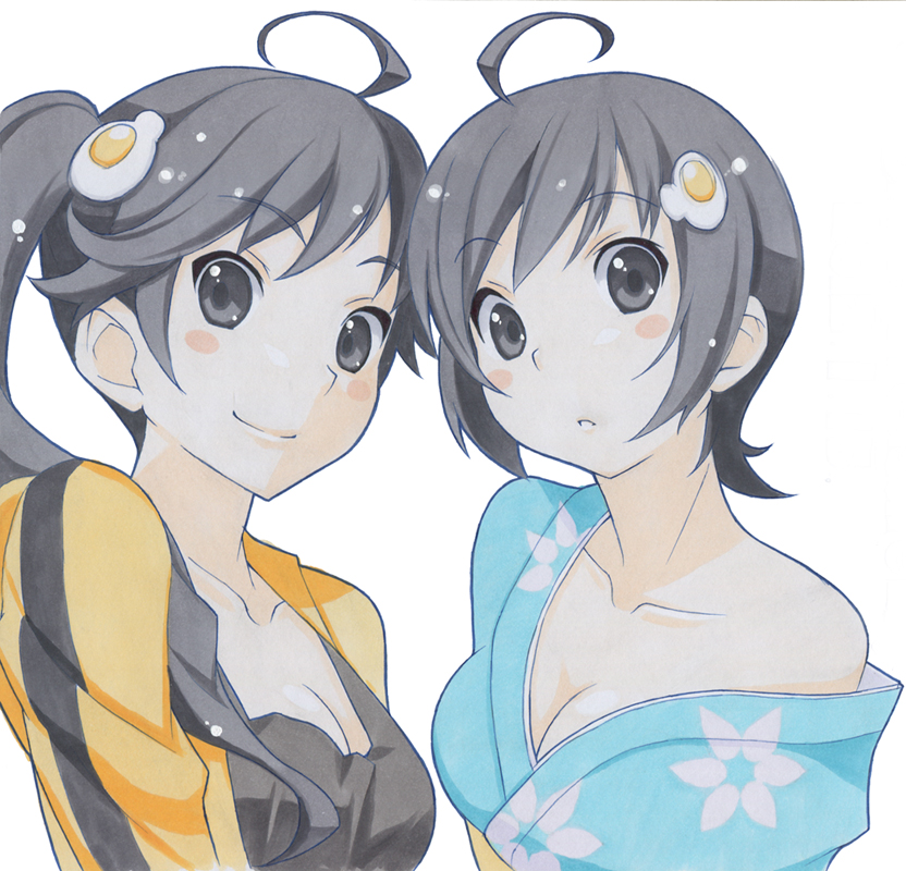 10s, 2girls, ahoge, araragi_karen, araragi_tsukihi, asymmetrical_hair, bakemonogatari, black_eyes, black_hair, breasts, cleavage, egg_(food), food, fried_egg, hair_ornament, japanese_clothes, kimono, monogatari_(series), multiple_girls, nisemonogatari, off_shoulder, shirohebidou, short_hair, siblings, side_ponytail, sisters, small_breasts, smile