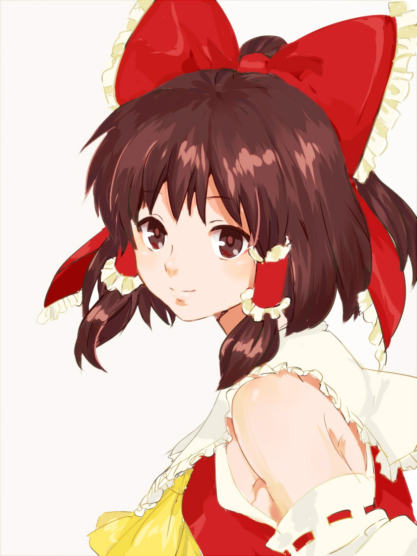 1girl, ascot, bad_id, bad_pixiv_id, bare_shoulders, bow, brown_eyes, brown_hair