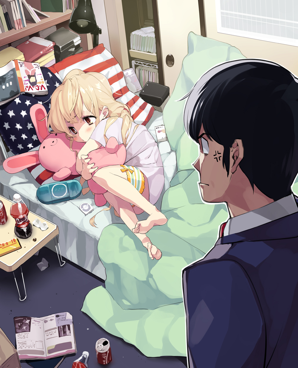 10s, 1boy, 1girl, american_flag, anger_vein, bad_id, bad_pixiv_id, barefoot, bed, blonde_hair, book, bottle, brown_eyes, can, drink_can, flag_print, futaba_anzu, handheld_game_console, highres, hug, idolmaster, idolmaster_cinderella_girls, lamp, long_hair, lying, messy_room, on_side, open_book, pillow, playstation_portable, producer_(idolmaster), soda_bottle, soda_can, stuffed_animal, stuffed_rabbit, stuffed_toy, united_states, yaguchiya, yaguchiya_tomoshi