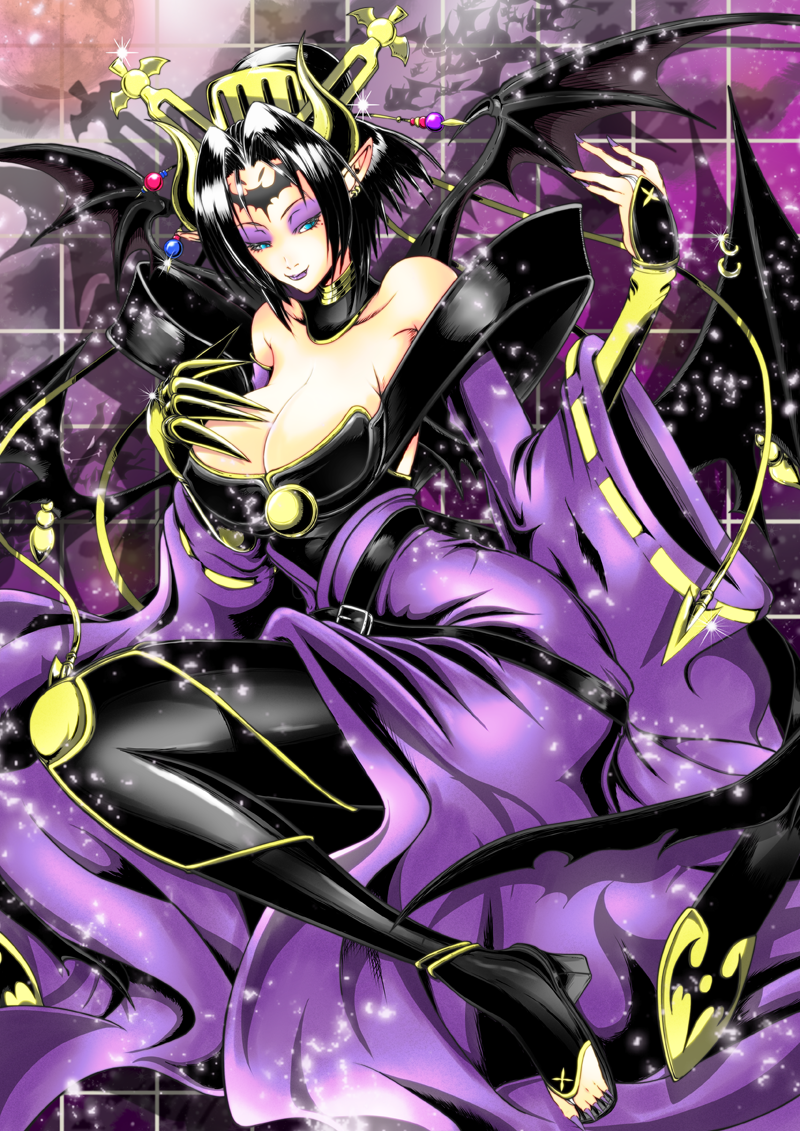 1girl, aqua_eyes, bare_shoulders, bat_(symbol), black_hair, breasts, cleavage, curvy, demon_girl, demon_wings, digimon, female_focus, high_heels, horns, large_breasts, lilithmon, nail_polish, pointy_ears, seven_great_demon_lords, short_hair, solo, toes, wings, yamaneko