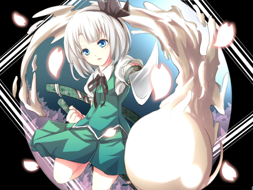 1girl, blue_eyes, female_focus, ghost, hairband, hitodama, katana, konpaku_youmu, konpaku_youmu_(ghost), petals, scabbard, semony, sheath, short_hair, silver_hair, solo, sword, touhou, weapon