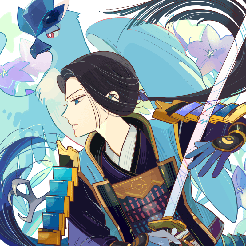 1boy, 1girl, akechi_mitsuhide_(sengoku_musou), armor, articuno, bad_id, bad_pixiv_id, black_hair, blue_eyes, flower, gen_1_pokemon, gloves, japanese_armor, kote, kurokote, legendary_pokemon, nintendo, nobunaga_no_yabou, pokemon, pokemon_(creature), pokemon_conquest, sengoku_musou, shoulder_armor, sode, sword, ucchii, weapon