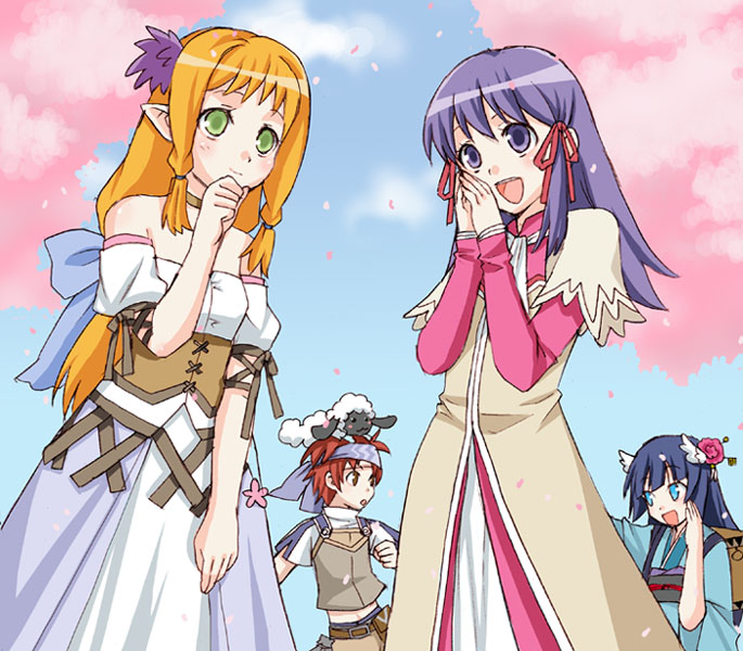 1boy, 3girls, blue_eyes, blue_hair, brown_eyes, cecilia_(rune_factory), elf, fantasy, green_eyes, head_wings, kyle_(rune_factory), long_hair, mana_(rune_factory), mattaku_mousuke, multiple_girls, orange_hair, outdoors, pointy_ears, red_hair, rune_factory, rune_factory_2, sky, wings, yue_(rune_factory)