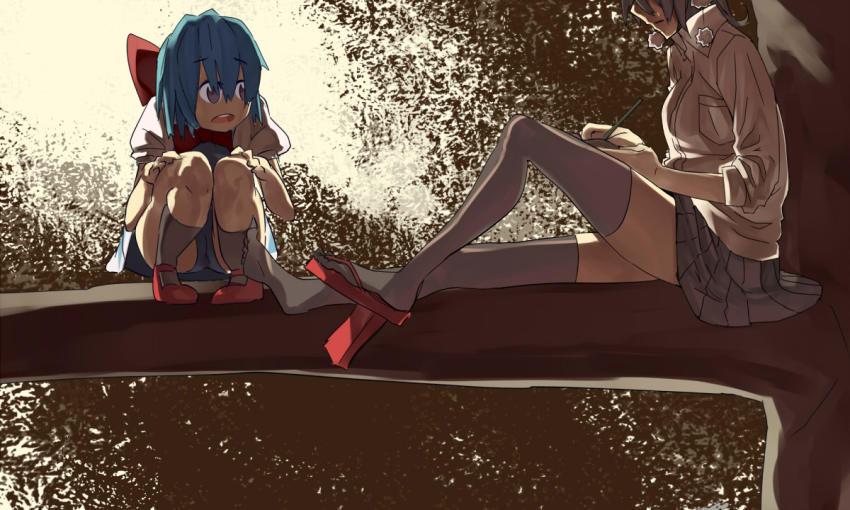 2girls, bad_id, bad_pixiv_id, black_hair, blue_hair, bow, c-button, cirno, curious, geta, hair_bow, hat, in_tree, kneehighs, leaning, legs, multiple_girls, notebook, notepad, pen, pencil, shameimaru_aya, shoes, single_shoe, sitting, skirt, sleeves_pushed_up, socks, tears, teeth, tengu-geta, tokin_hat, touhou, tree, wings, writing