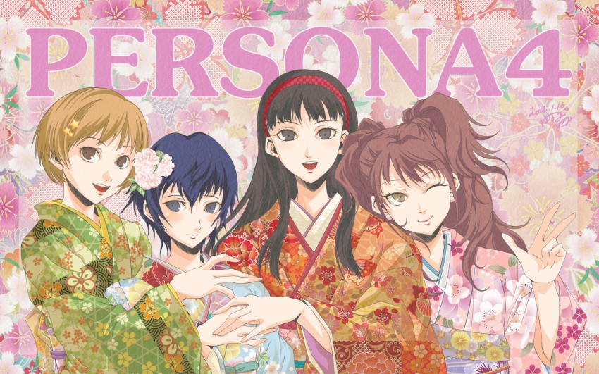 4girls, amagi_yukiko, atlus, black_eyes, black_hair, blue_eyes, blue_hair, brown_eyes