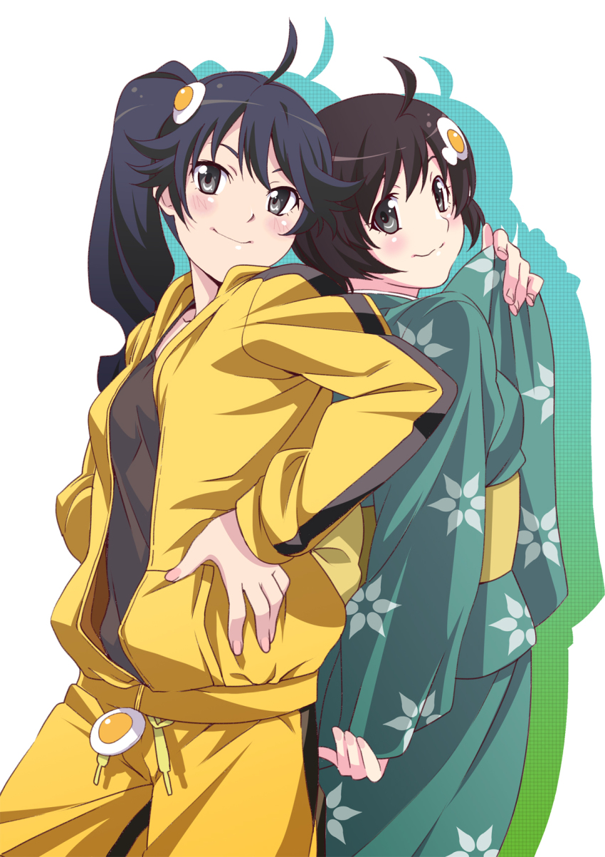 10s, 2girls, araragi_karen, araragi_tsukihi, asymmetrical_hair, bad_id, bad_pixiv_id, bakemonogatari