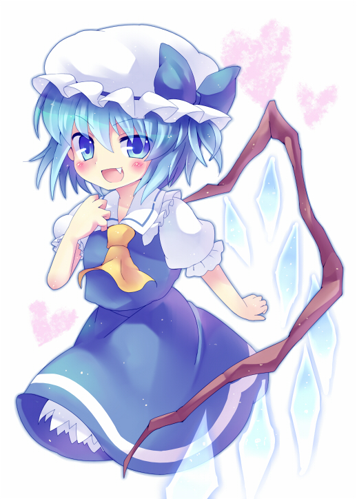 >:d, 1girl, :d, ascot, bad_id, bad_pixiv_id, blue_eyes, blue_hair, blush, bow, cirno, cosplay, embodiment_of_scarlet_devil, fang, female_focus, flandre_scarlet, flandre_scarlet_(cosplay), fusion, hat, heart, ice, matching_hair/eyes, minato0618, mob_cap, open_mouth, ribbon, short_hair, simple_background, skirt, smile, solo, touhou, v-shaped_eyebrows, white_background, wings