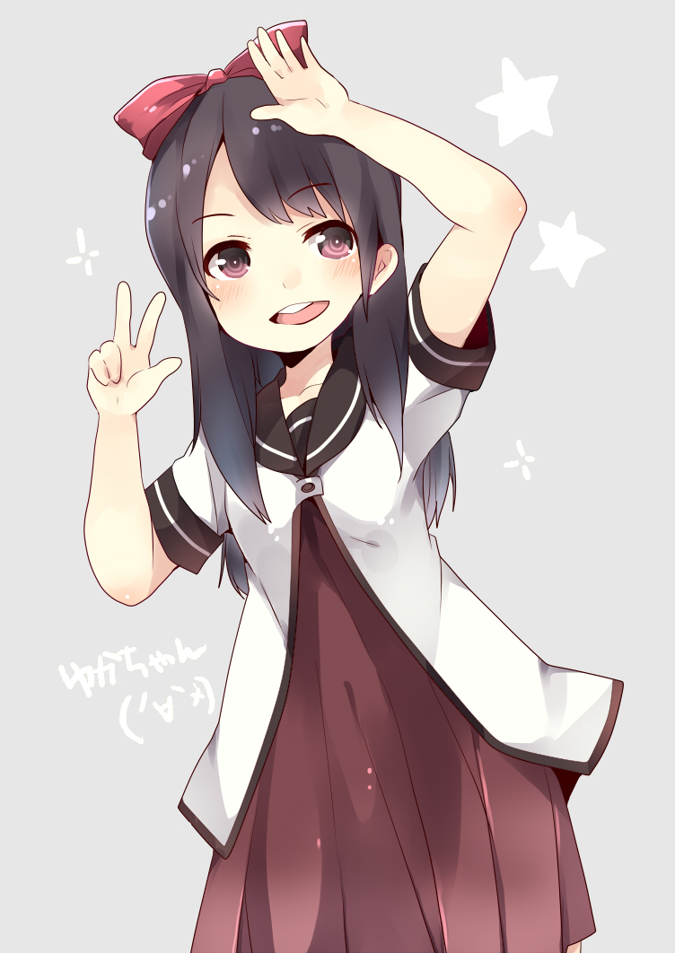 1girl, arms_up, bad_id, bad_pixiv_id, black_hair, blush, bow, brown_dress, brown_eyes, cosplay, dress, female_focus, hair_bow, long_hair, ootsubo_yuka, open_mouth, pun2, real_life, school_uniform, serafuku, shirt, smile, solo, star_(symbol), toshinou_kyouko, toshinou_kyouko_(cosplay), voice_actor, voice_actor_connection, yuruyuri
