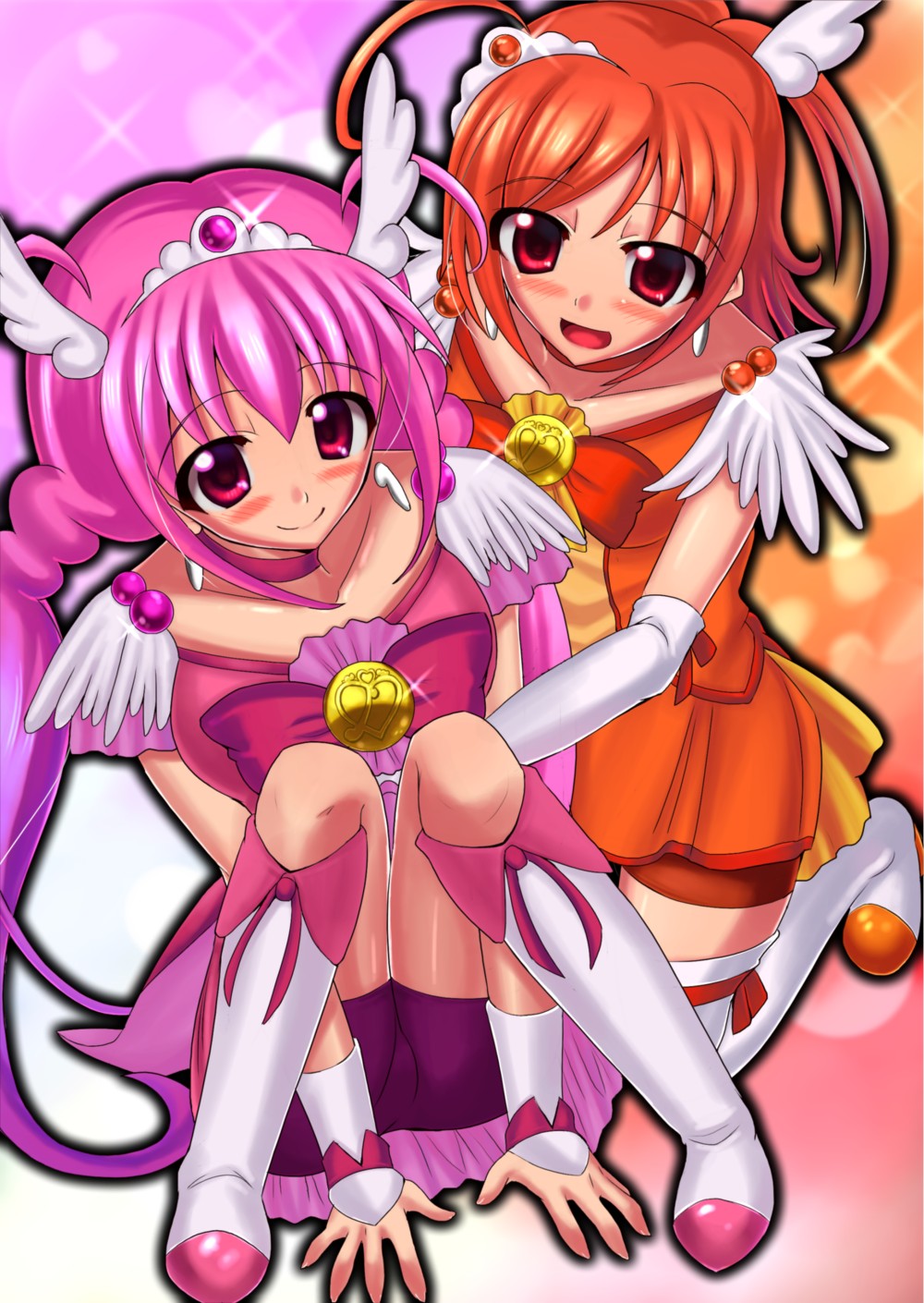 10s, 2girls, bike_shorts, blush, boots, braid, cure_happy, cure_sunny, earrings, gloves, highres, hino_akane_(precure), hoshizora_miyuki, jewelry, knee_boots, kneeling, long_hair, magical_girl, momopon, multiple_girls, open_mouth, orange_skirt, pink_eyes, pink_hair, precure, short_hair, shorts_under_skirt, sitting, skirt, smile, smile_precure!, tiara, twin_braids, twintails