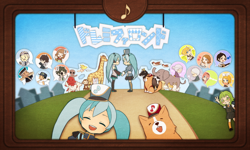 6+boys, 6+girls, aqua_hair, bird, rabbit, chibi, chicken, cow, dog, doremifa_rondo_(vocaloid), elephant, gumi, holding_hands, hat, hatsune_miku, kagamine_len, kagamine_rin, megurine_luka, monkey, multiple_boys, multiple_girls, musical_note, musical_note_print, quaver, smile, speech_bubble, spoken_musical_note, tama_(songe), twintails, vocaloid