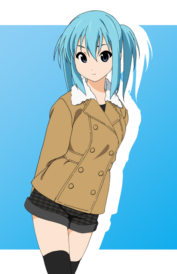 blue_eyes, blue_hair, coat, fukuoka_katsumi, misaki_(fukuoka_katsumi), original, short_hair, shorts