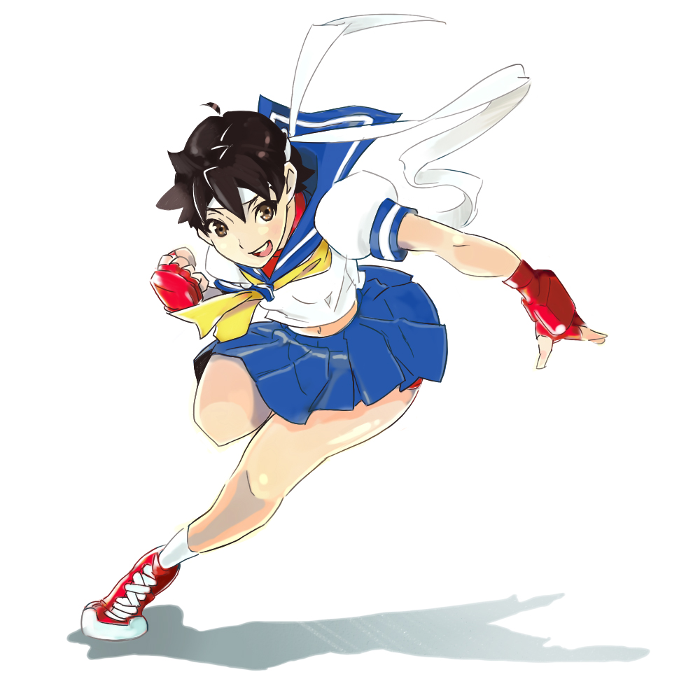 1girl, bare_legs, black_hair, blue_sailor_collar, brown_eyes, capcom, converse, female_focus, fingerless_gloves, ghost-q, gloves, hachimaki, headband, kasugano_sakura, leaning_forward, midriff, running, sailor_collar, school_uniform, serafuku, shoes, short_hair, skirt, sneakers, socks, solo, street_fighter