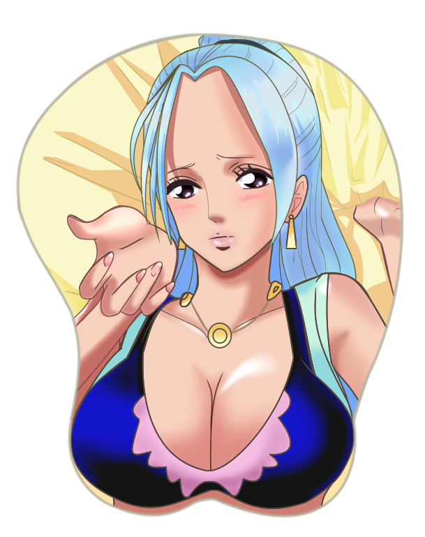 1girl, alabasta, blue_hair, blush, bonfurai, breast_mousepad, breasts, cleavage
