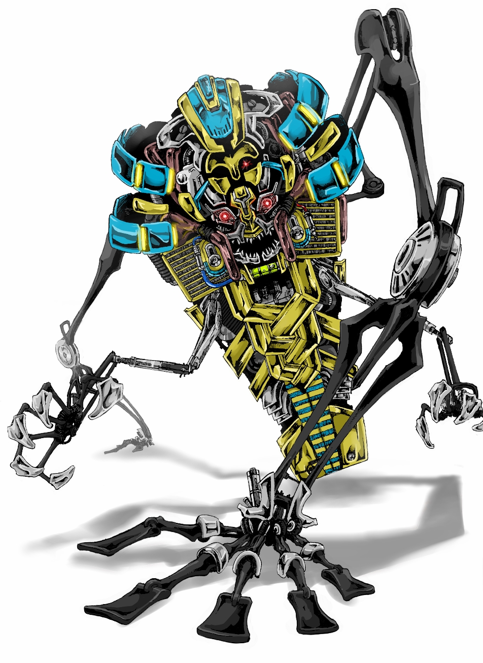 ancient_egyptian, claws, cofagrigus, crossover, extra_arms, gen_5_pokemon, glowing, glowing_eyes, highres, looking_at_viewer, mecha, mechanization, monster, nintendo, no_humans, open_mouth, pistachio_(m_t_m), pokemon, pokemon_(creature), red_eyes, robot, shadow, sharp_teeth, simple_background, solo, teeth, third_eye, transformers, white_background