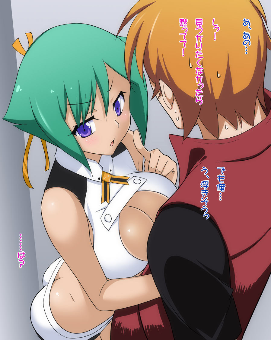 10s, 1boy, 1girl, amata_sora, aquarion_(series), aquarion_evol, ass, bad_id, bad_pixiv_id, blush, breasts, butt_crack, cleavage, cleavage_cutout, clothing_cutout, green_hair, grey_hair, large_breasts, marugoshi_teppei, orange_hair, purple_eyes, sweat, translation_request, zessica_wong