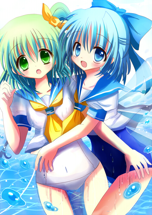 2girls, alternate_costume, blue_eyes, blue_hair, blush, bow, breasts, cirno